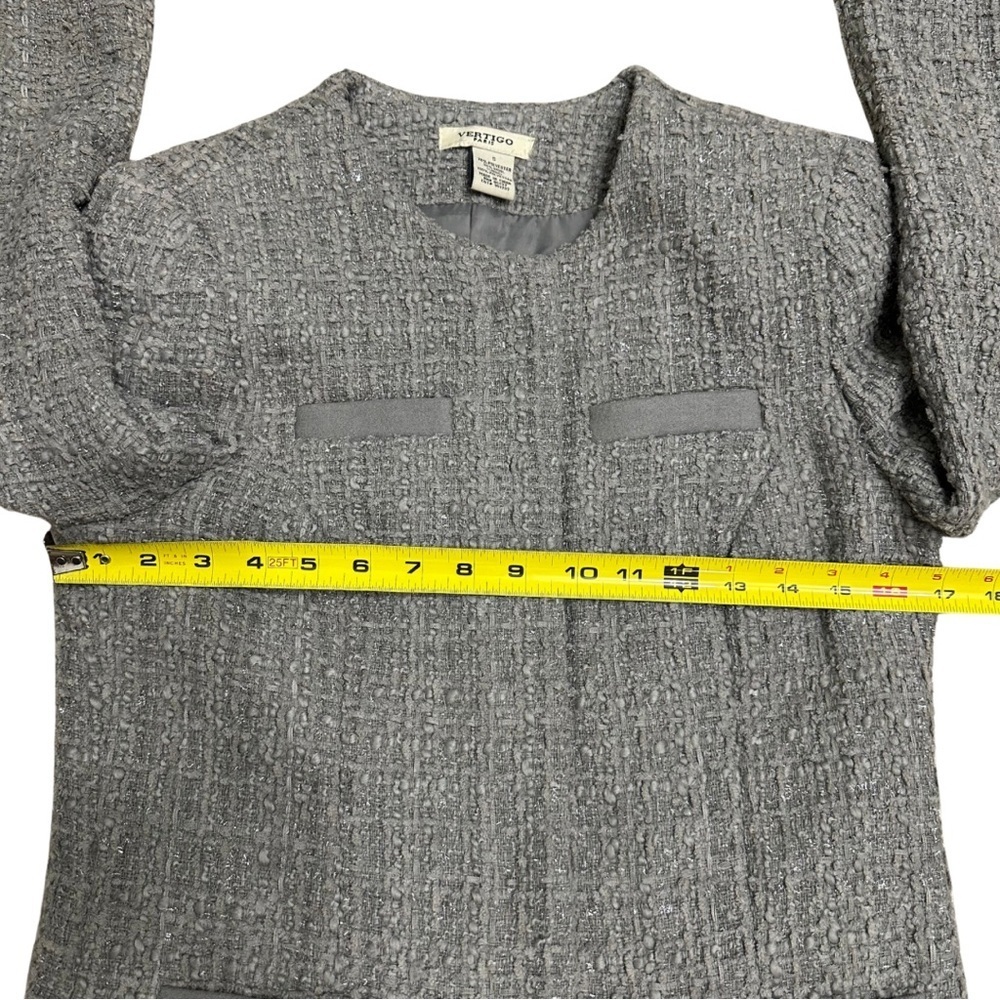 VERTIGO PARIS Gray Tweed Fringe Wool Blend Coat Jacket SZ S Grey Longer Length - Picture 6 of 8